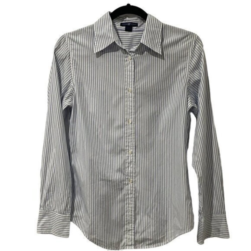 Gap Women Shirt Fitted Button Down Blue White Stripped Button Long Sleeve Size S